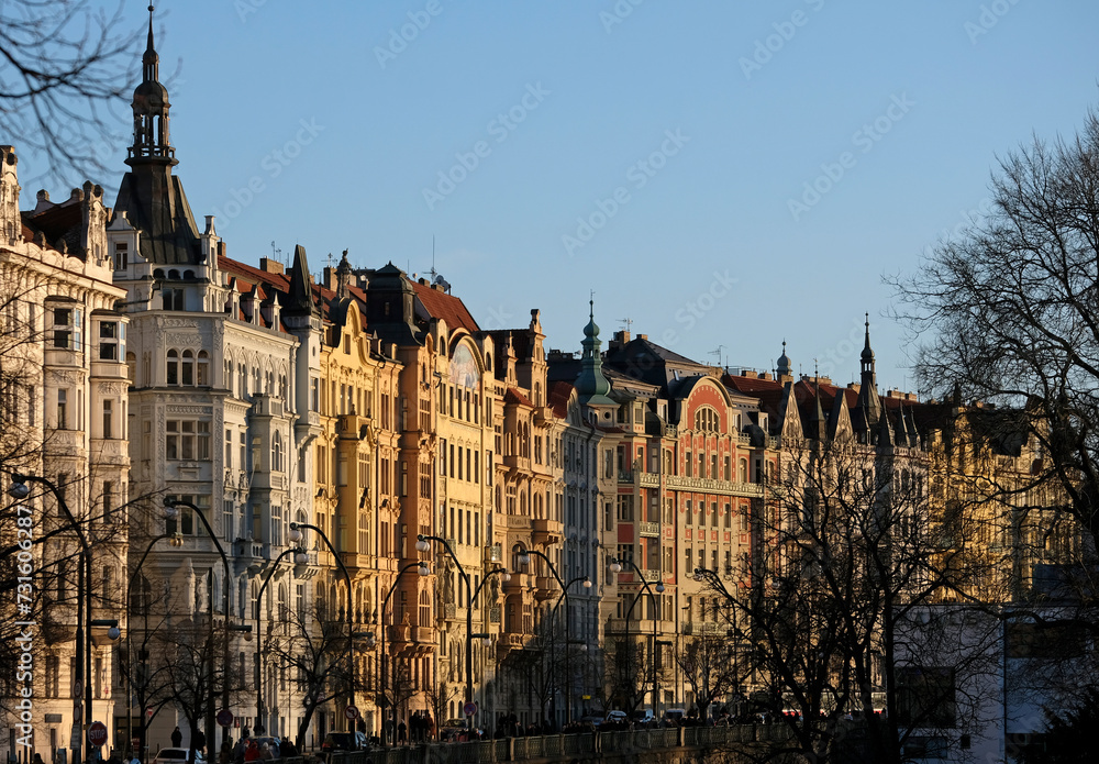 Beautiful building facades in Prague, Czech Republic, during the golden hour