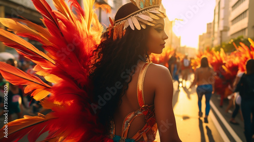 portrait of a sexy female in a colorful sumptuous carnival feather suit.