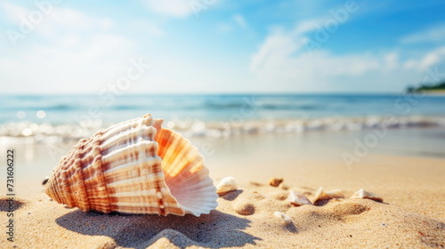 Large Seashell Conch lying on the sand beach on a sunny day and waves crashing in the distance for Travel vacation concept created with Generative AI Technology