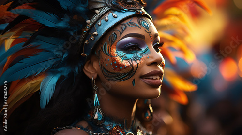 portrait of a sexy female in a colorful sumptuous carnival feather suit. © alexkich