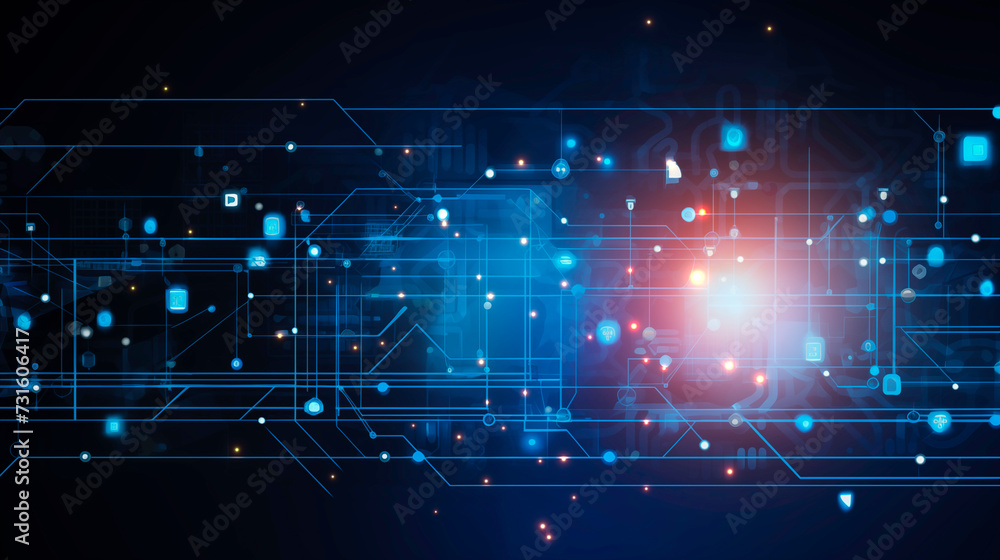 Obraz premium Abstract technology background of glowing blue mesh or interwoven lines on a dark background. Blue lines background.