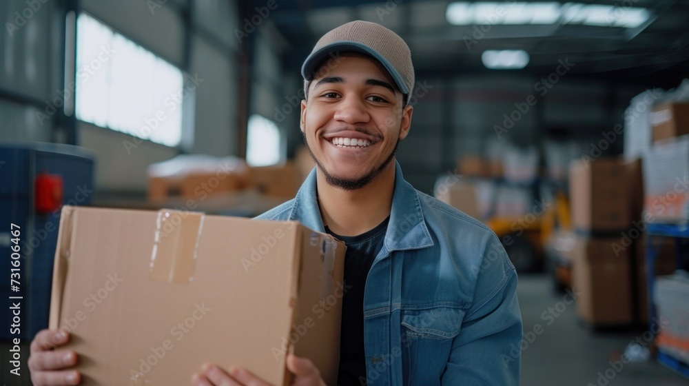 Happy male volunteer smiling while packing food and water bottle in a donation center. Happy male volunteer smiling while packing food and water bottle in a donation center.