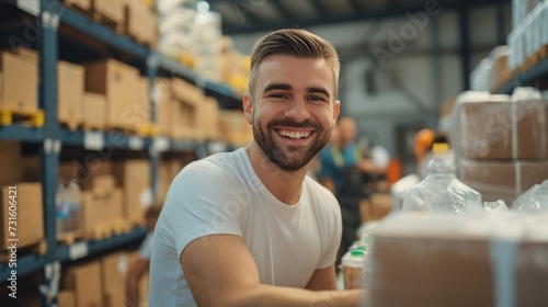 Happy male volunteer smiling while packing food and water bottle in a donation center.