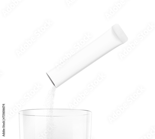 Stick pack pouring powder product on clear glass. Vector illustration isolated on a white background. Ready for use in presentation, promo, advertising and more. EPS10.