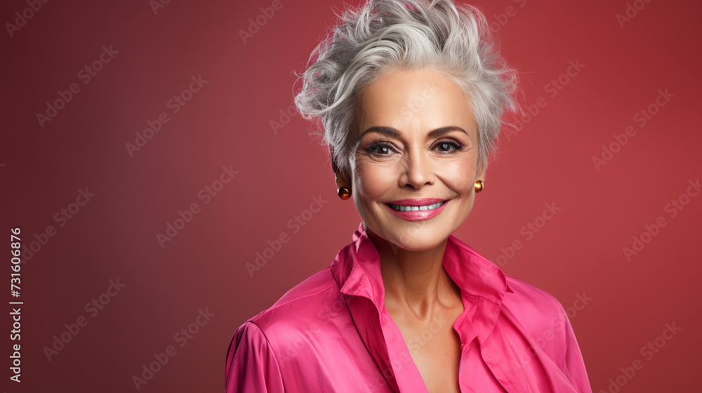 Portrait of mature woman enjoying life after retirement and looking at camera. Beautiful smiling lady indoor.