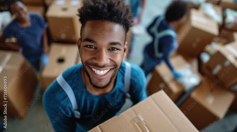Happy male volunteer smiling while packing food and water bottle in a donation center.