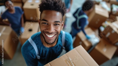 Happy male volunteer smiling while packing food and water bottle in a donation center.