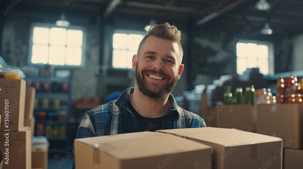 Happy male volunteer smiling while packing food and water bottle in a donation center. Happy male volunteer smiling while packing food and water bottle in a donation center.