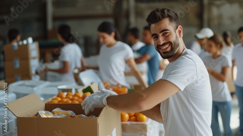 Happy male volunteer smiling while packing food and water bottle in a donation center. © sawitreelyaon