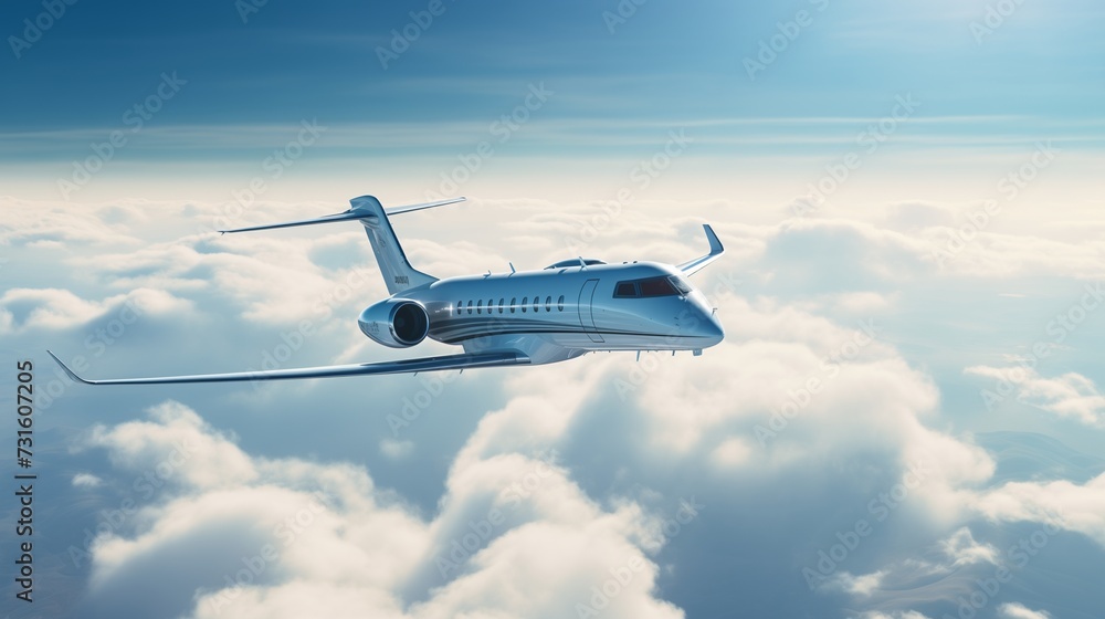 Obraz premium A captivating scene featuring a private jet gracefully flying over the Earth, set against an empty blue sky adorned with white clouds in the background 