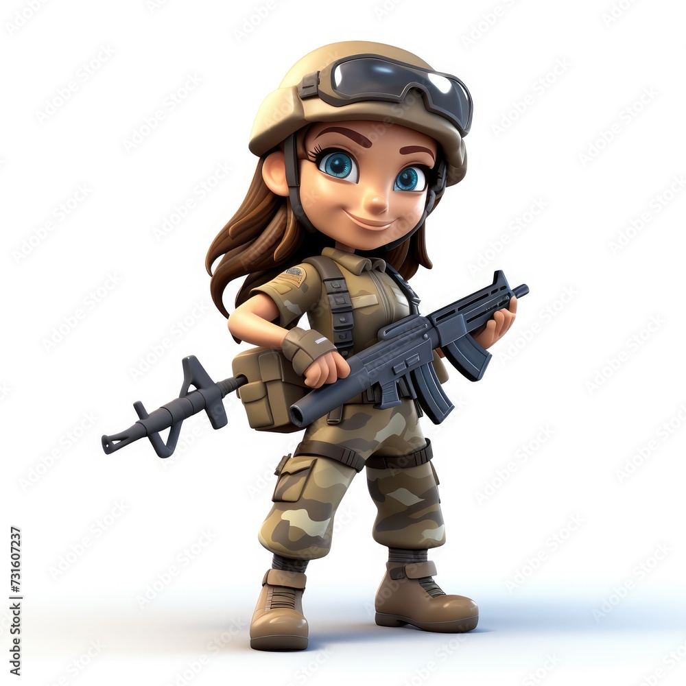 3D cartoon female soldier on a white background 3D cartoon female soldier on a white background