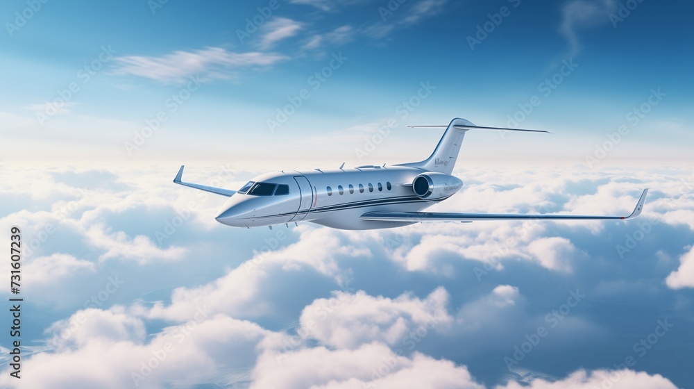 A captivating scene featuring a private jet gracefully flying over the Earth, set against an empty blue sky adorned with white clouds in the background 2 A captivating scene featuring a private jet gracefully flying over the Earth, set against an empty blue sky adorned with white clouds in the background 2