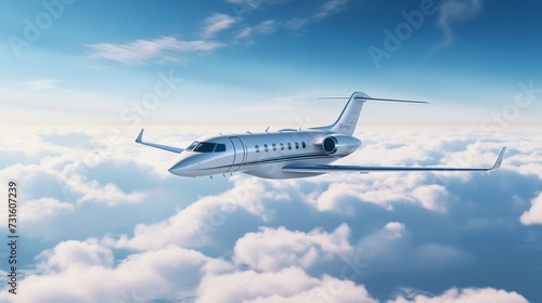 A captivating scene featuring a private jet gracefully flying over the Earth, set against an empty blue sky adorned with white clouds in the background 2