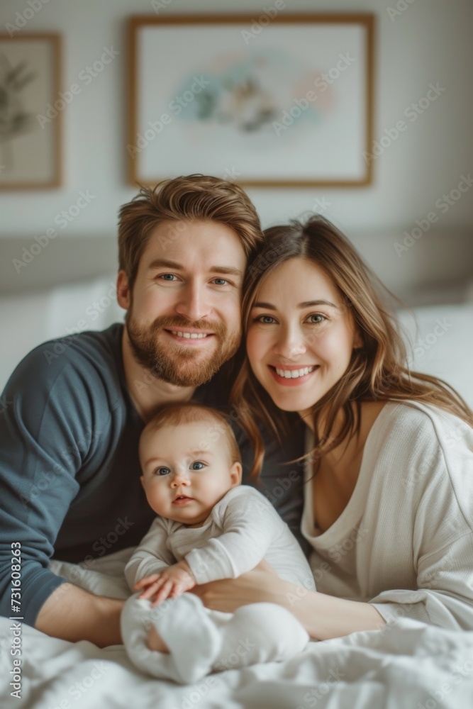 Smiling young parents with their baby on a bed, sharing a joyful family moment