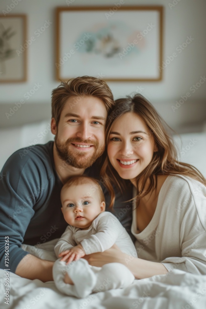 Smiling young parents with their baby on a bed, sharing a joyful family moment Smiling young parents with their baby on a bed, sharing a joyful family moment
