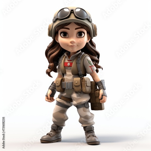 3D cartoon female soldier on a white background