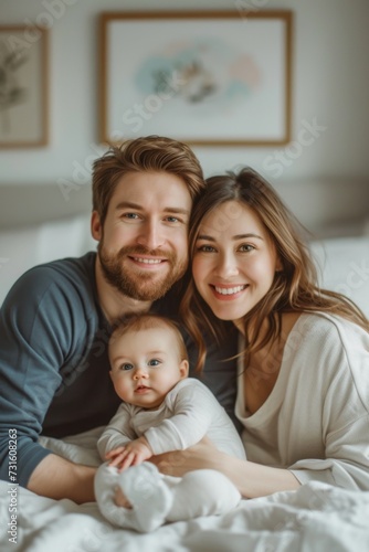Smiling young parents with their baby on a bed  sharing a joyful family moment