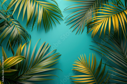 Top view tropical palm tree leaves on blue background  Flat lay Minimal fashion summer holiday vacation concept 