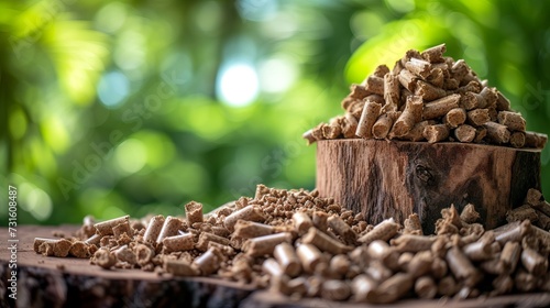 Stack of biomass wood pellets on blurred background with copy space for text placement