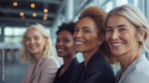 Four professional women of diverse ethnicities share a laugh, showcasing teamwork, diversity, and positivity in a business setting