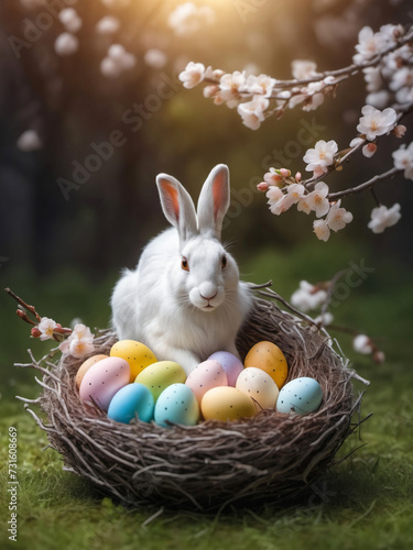 cute easter bunny with painted eggs © magann
