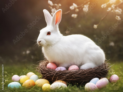 cute easter bunny with painted eggs