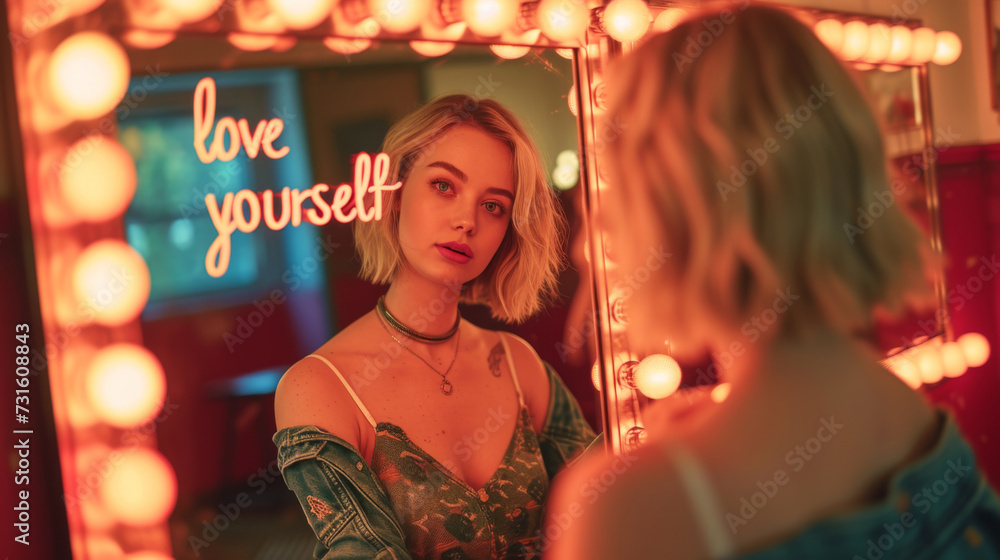 A contemplative young woman gazes at her reflection in a mirror framed by glowing bulbs, with a 'love yourself' neon sign in the background