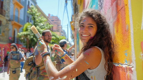 A girl artist is participating in a city art project  painting a mural  revitalizing the area. AI Generative