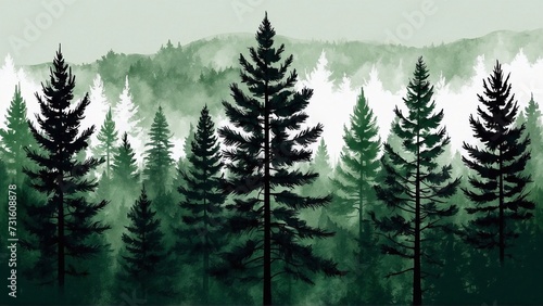 watercolour green pine trees backgrop, forest illustration © Jan