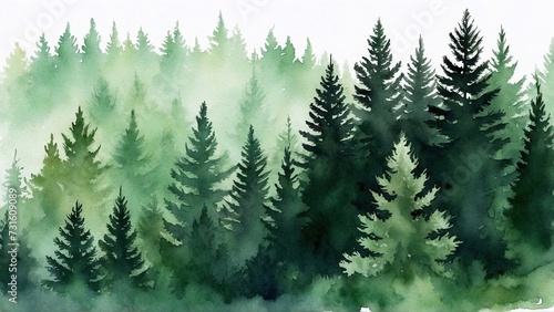 Watercolour misty foggy pine and spruce green forest on white background