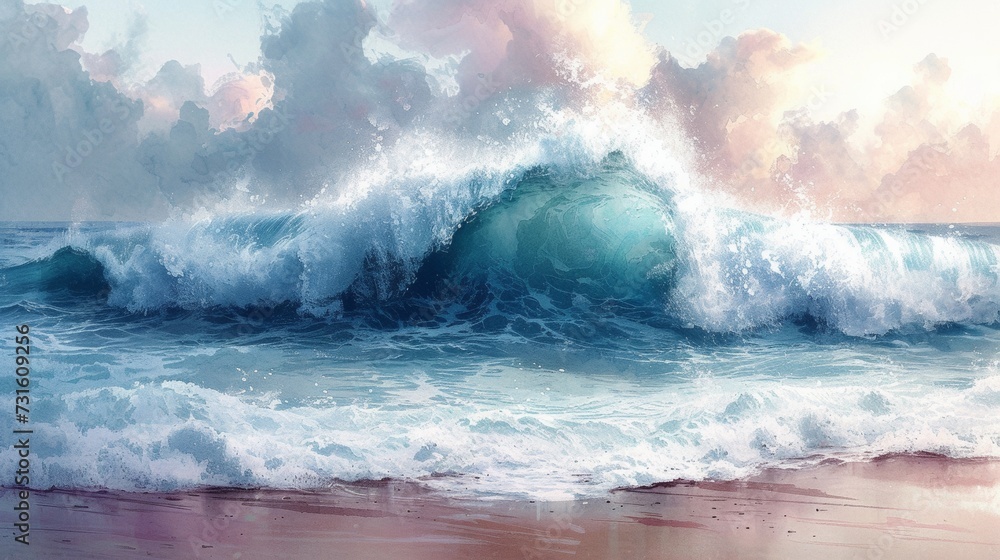 Fototapeta premium A Painting of a Wave Crashing on the Beach