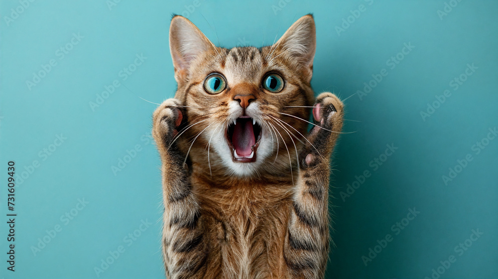 Surprised shocked cat face with paws on head on blue background with copy space.  AI Generative