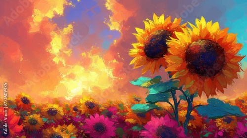 A Painting of Two Sunflowers in a Field of Flowers