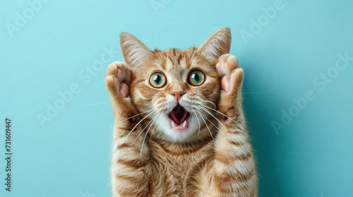 Surprised shocked cat face with paws on head on blue background with copy space.  AI Generative photo