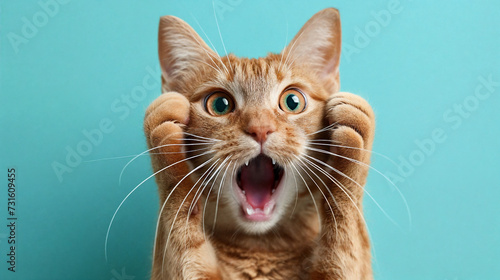 Surprised shocked cat face with paws on head on blue background with copy space.  AI Generative
