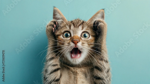Surprised shocked cat face with paws on head on blue background with copy space.  AI Generative
