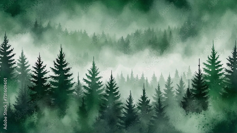 watercolor silhouette of green spruce forest with fog background