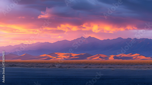 A vast desert landscape, with golden dunes as the background, during a dramatic sunset