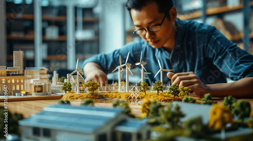 A male architect-engineer makes a model of an energy-efficient area of the city. Generative AI