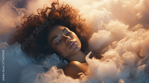 Tranquil scene of a young woman dreaming and sleeping on a cloud up in the sky