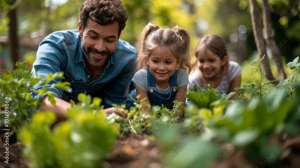 Modern happy family working together in the vegetable garden. Generative AI Modern happy family working together in the vegetable garden. Generative AI