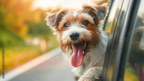 A happy dog looks out of a car window on a family trip. AI Generative