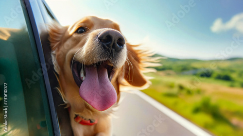 A happy dog looks out of a car window on a family trip. AI Generative