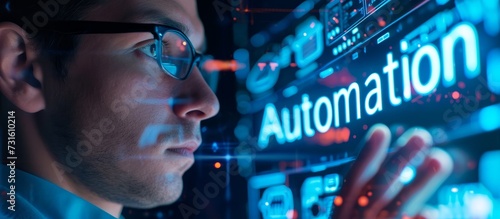 A man wearing glasses is looking at a screen displaying the word 'automation' in electric blue font. The atmosphere is dark and filled with entertainment and fun.