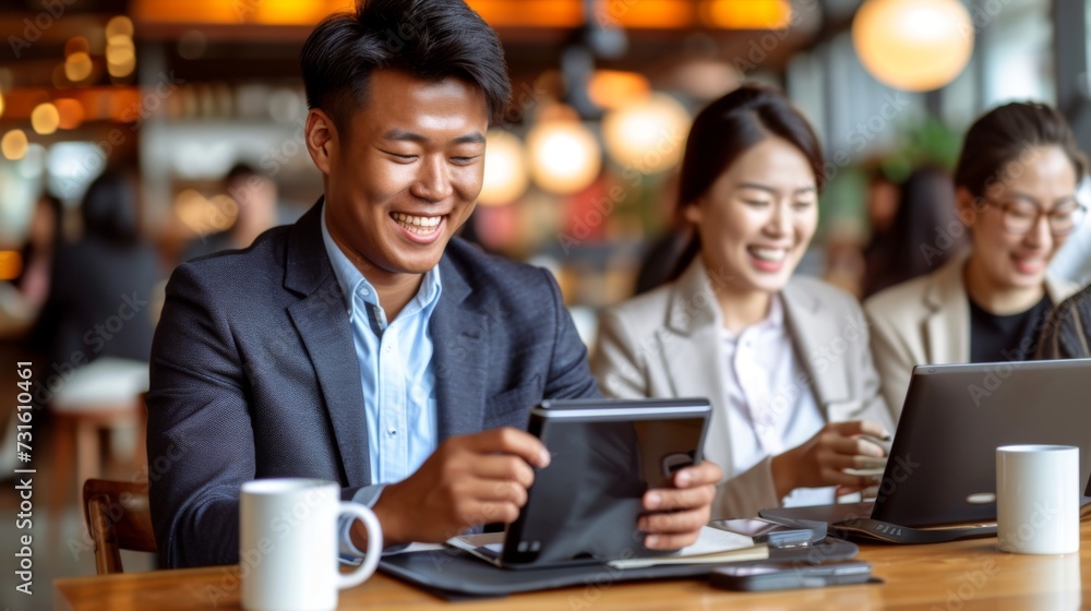 A lively scene of multiethnic business professionals collaborating with technology in a vibrant cafe environment A lively scene of multiethnic business professionals collaborating with technology in a vibrant cafe environment