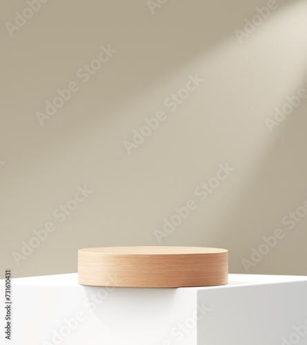 Quadro em tela White modern wood podium 3d background with empty product display stage minimal showcase platform mockup stand or luxury cosmetic advertising banner natural wooden shelf backdrop presentation studio