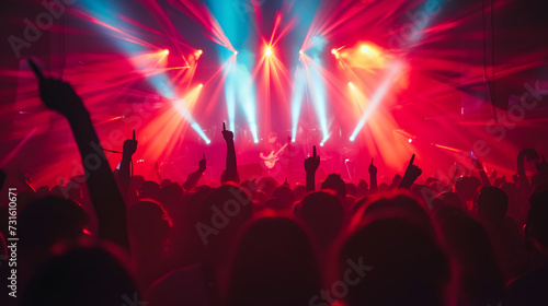 Photo of a live concert with musicians on stage and vibrant stage lighting  audience in foreground