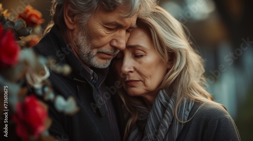 A mature couple in a tender embrace, eyes closed, amidst a soft focus background suggesting peace and deep connection
