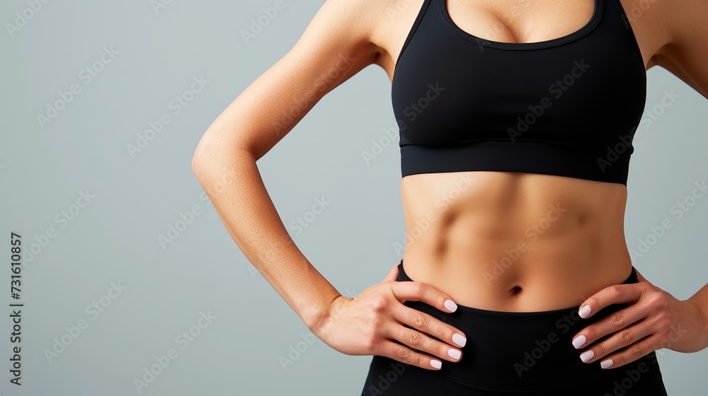 Fototapeta premium Fit and strong close up of female athlete s muscular waist in sportswear with light background