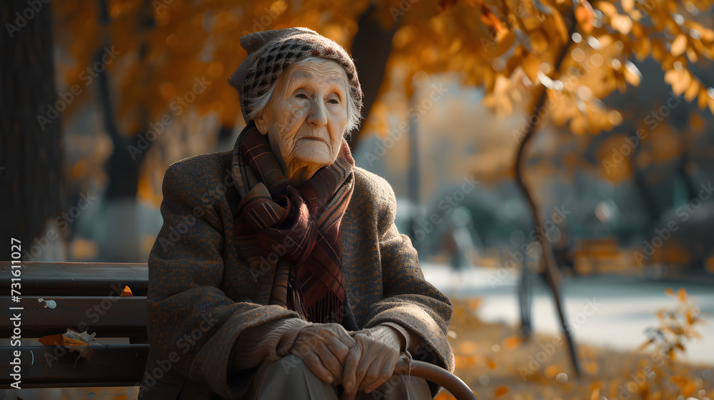 Portrait of an elderly woman resting on a cane in a park
